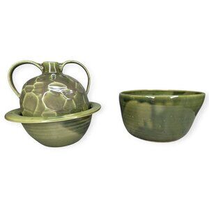 Ceramic 3 Piece Green Double Handled Jug, Bowl and Brimmed Bowl Signed GK